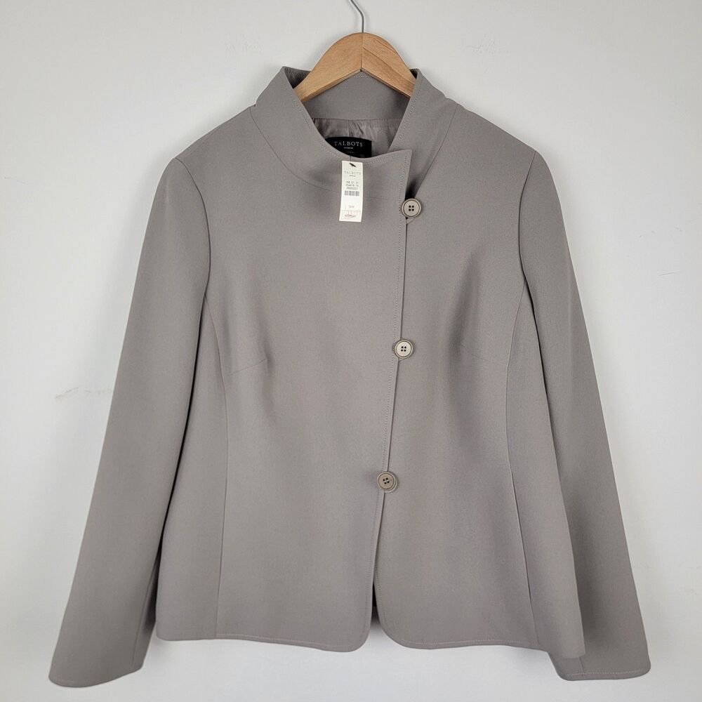 Talbots Women Long Sleeve Blazer Jacket Shoulder Pads Gray Size 14W.